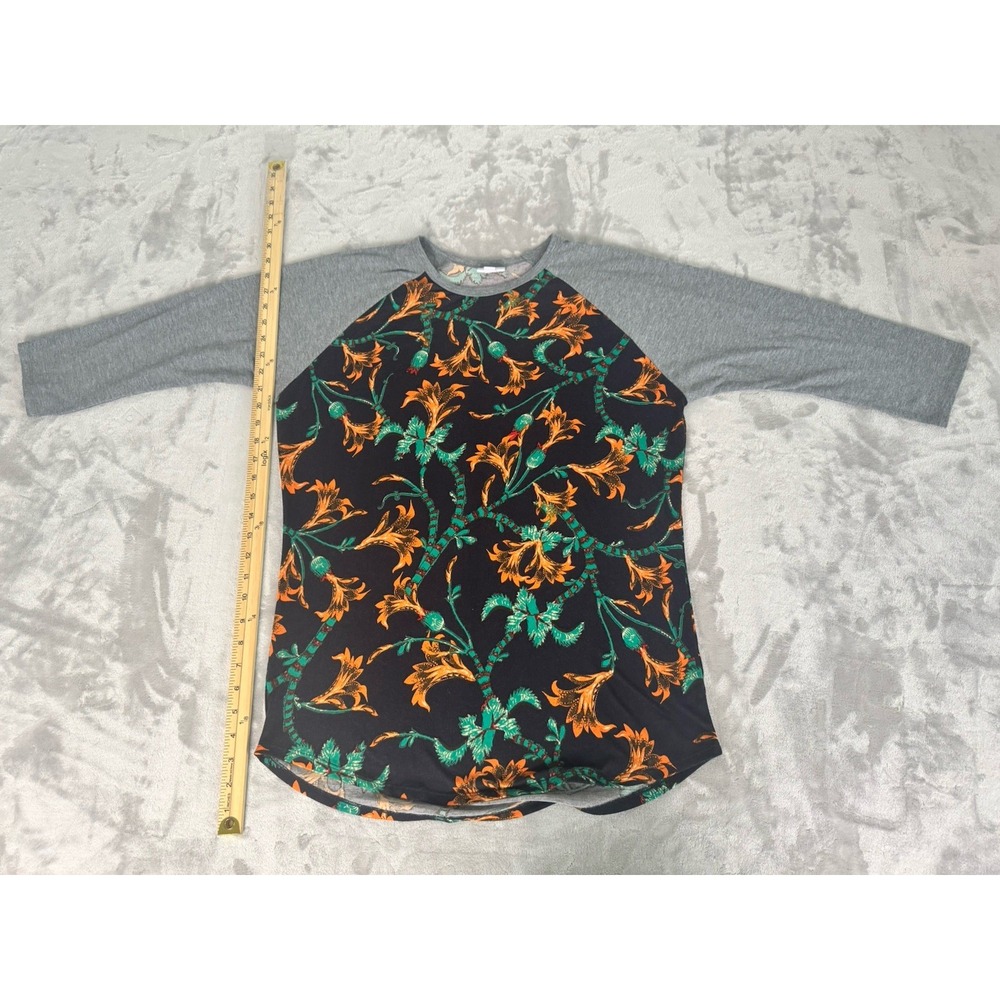 Women Lularoe Randy Gray Black Orange Blue Floral Baseball T Shirt Size Large